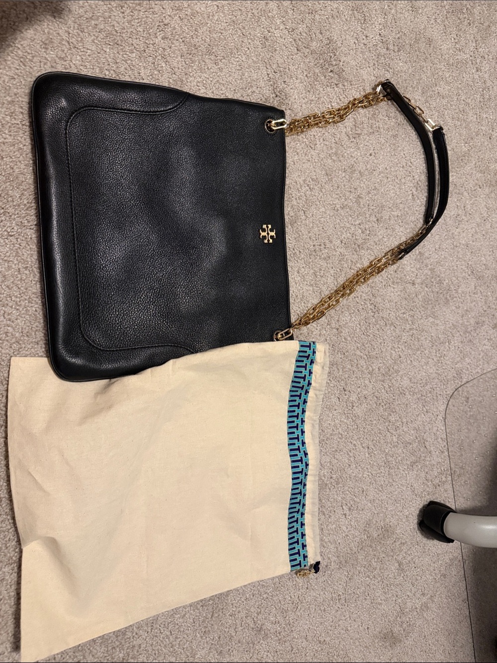 Tory Burch Black Leather Shoulder Bag with Gold Chain Straps